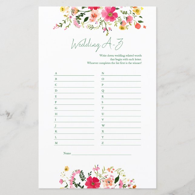 Wedding A to Z Game | Bright Floral Bridal Shower  (Front)