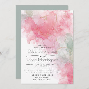 Wedding  Abstract Alcohol Ink Rose and Mint Invitation