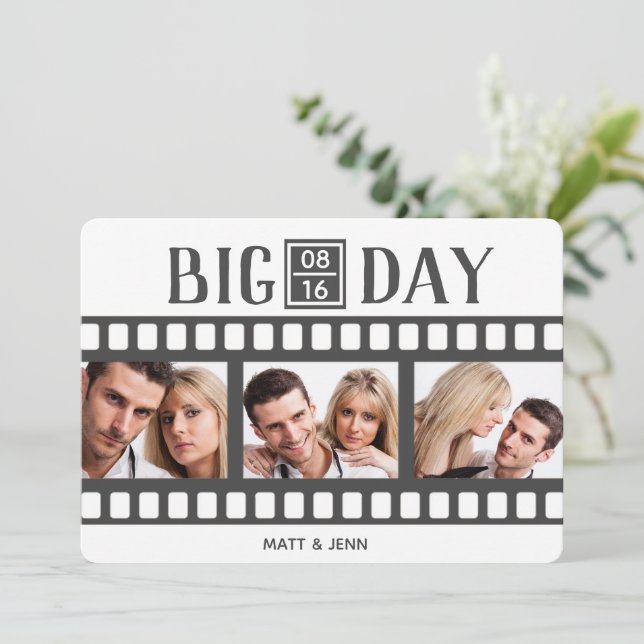 Wedding Add 3 Photos Fun Film Save The Date Card (Standing Front)