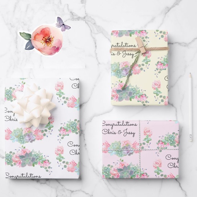 Wedding Add Names Roses Succulents 3 Gift Wrapping Paper Sheet (Creator Uploaded)