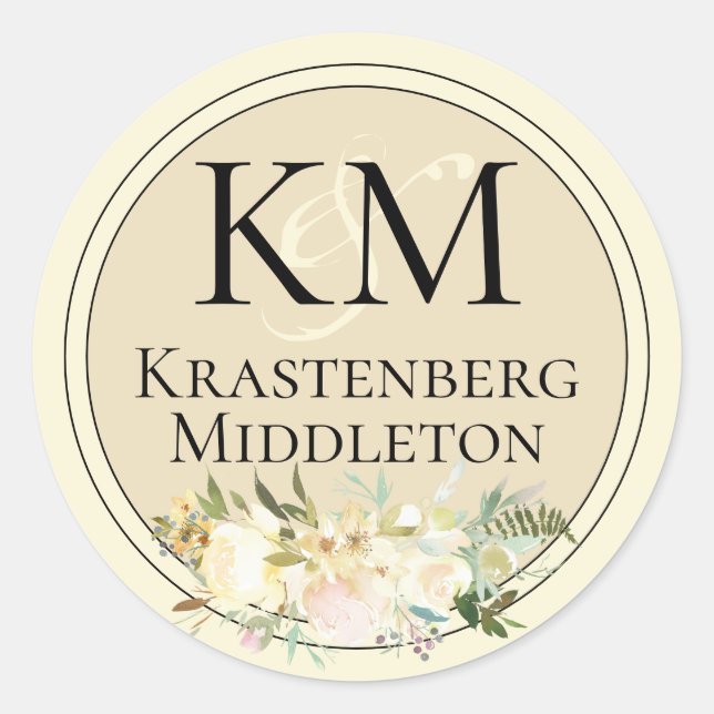 Wedding Add Your Monogram Name Cream Black Classic Round Sticker (Front)