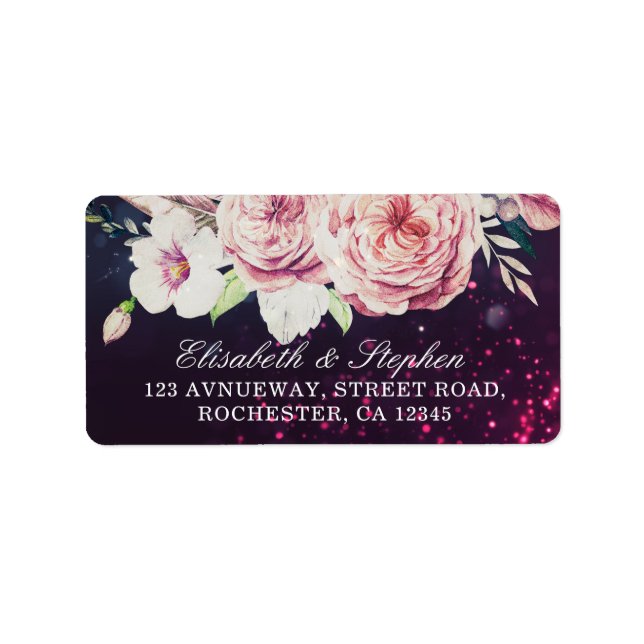 Wedding Address Boho Floral Feathers Purple Lights Label (Front)