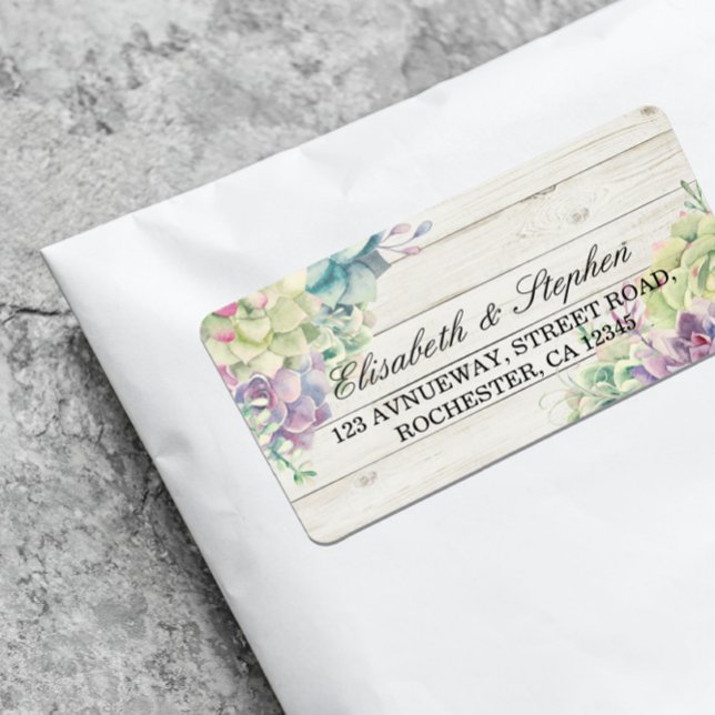 Wedding Address Watercolor Succulents Rustic Wood Label (Creator Uploaded)