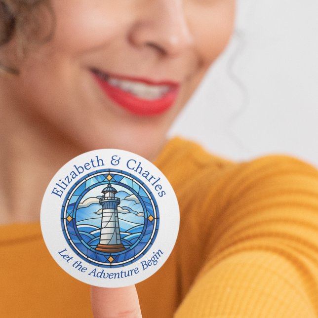 Wedding Adventure Lighthouse Sailing Nautical Classic Round Sticker (Lighthouse nautical wedding bride and groom favor stickers)