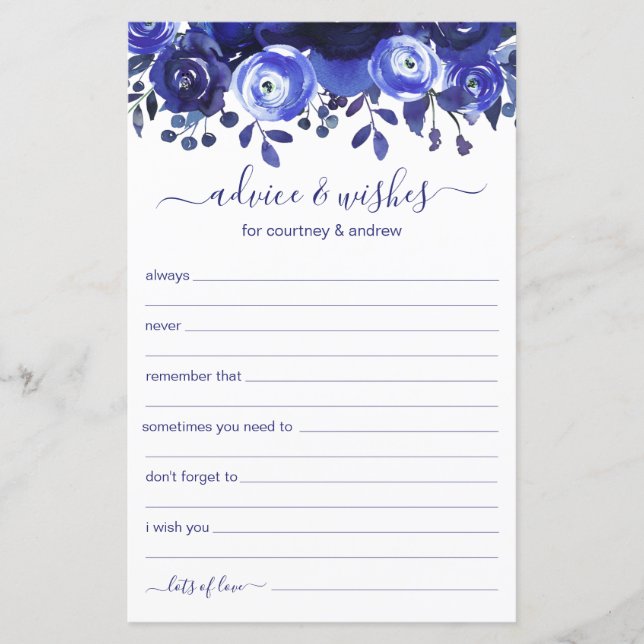 Wedding Advice and Wishes Blue Floral  (Front)