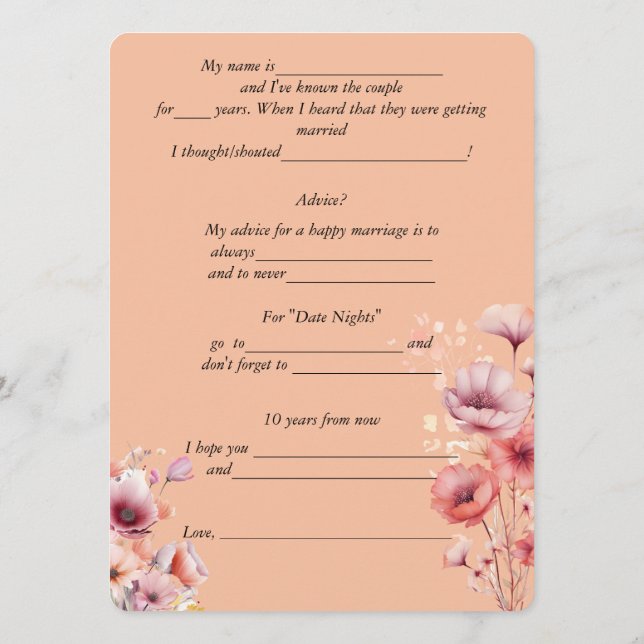 Wedding Advice Peach Fuzz Watercolor Flowers  (Back)