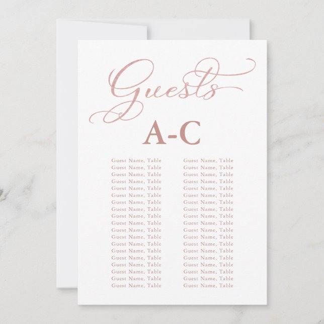 Wedding Alphabetical Guest Seating Rose Gold Invitation (Front)