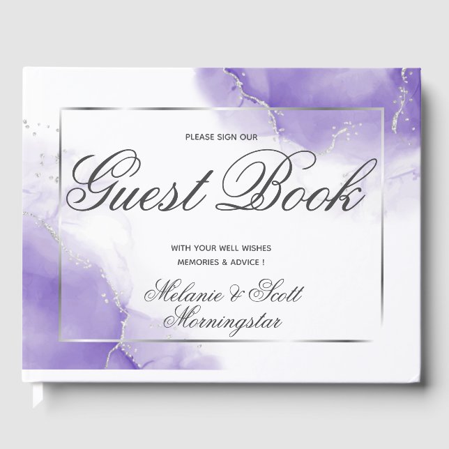 Wedding |  Amethyst Purple Script Silver Guest Book (Front)