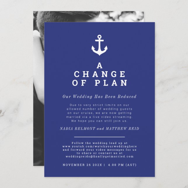 Wedding anchor change of plan uninvite streaming save the date (Front/Back)
