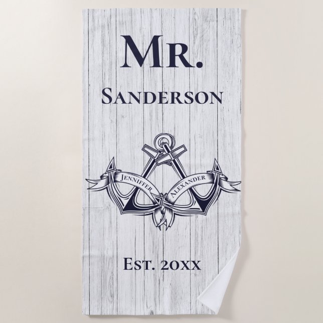 Wedding Anchor Mr  Navy Blue  Nautical Monograms   Beach Towel (Front)