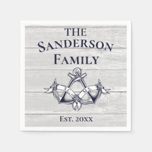 Wedding Anchors Navy Blue White Nautical Wood Napkin