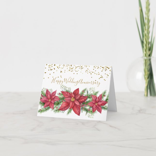 Wedding Anniversary at Christmas with Poinsettias Holiday Card (Front)