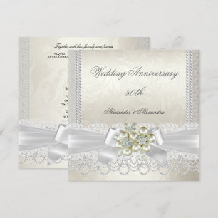Wedding Anniversary Cream White Pearl Lace Diamond Invitation