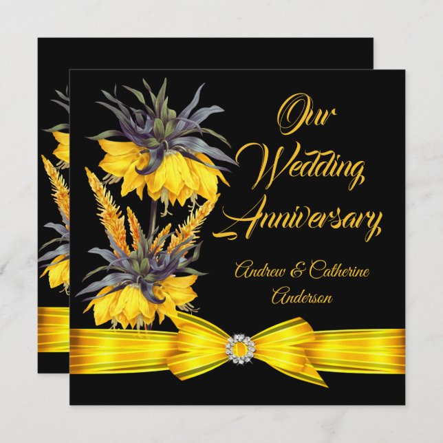 Wedding Anniversary Exotic Yellow Floral Black bow Invitation (Front/Back)
