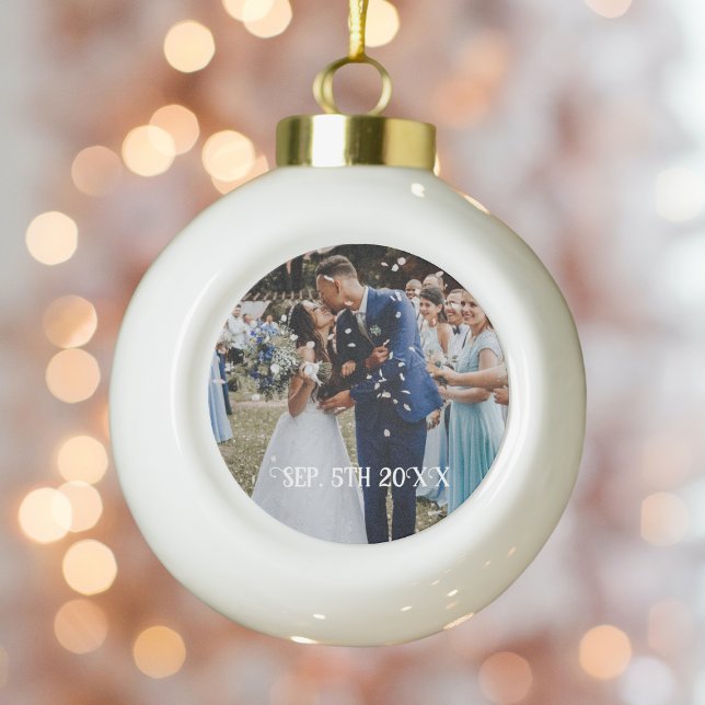 Wedding Anniversary First Christmas Ceramic Ball Christmas Ornament (First Christmas Married Wedding Photo Ornament)