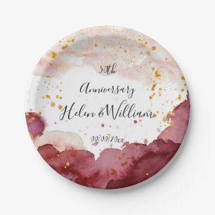 Wedding Anniversary Gold and Burgundy Paper Plate