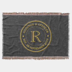 Wedding Anniversary Gold Monogram Black Leather Throw Blanket