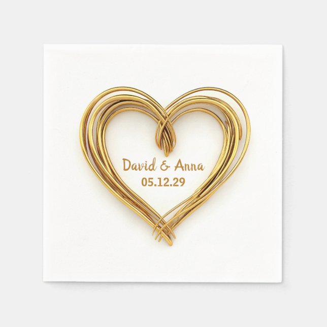 Wedding Anniversary Gold Wired Heart On White Napkin (Front)