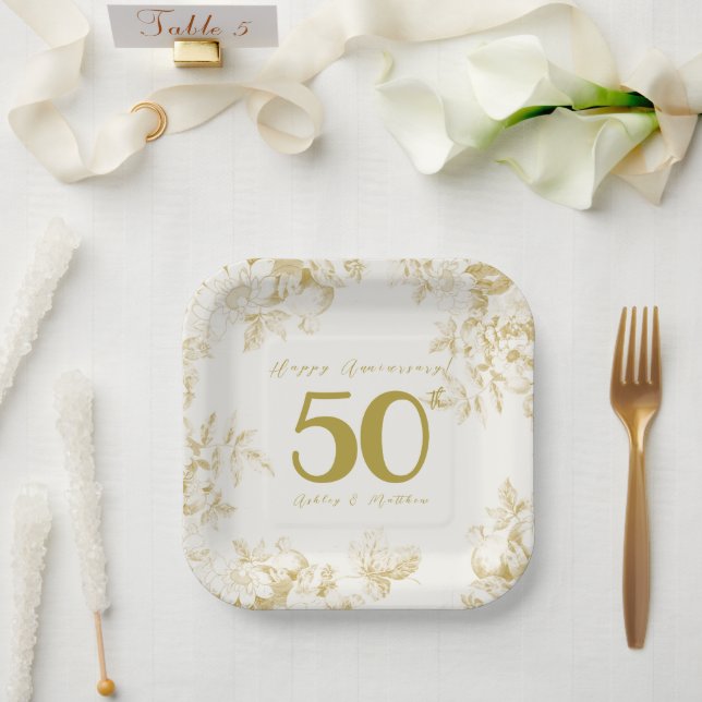 Wedding Anniversary golden vintage custom script Paper Plate (Wedding)