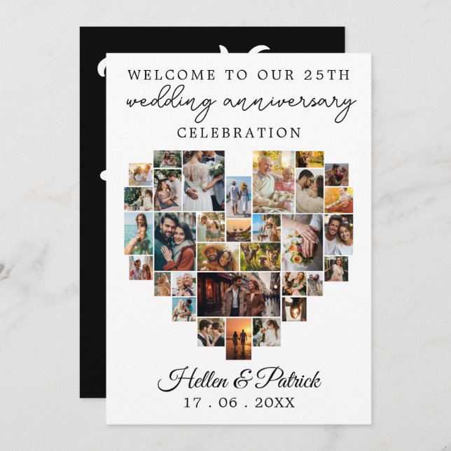 Wedding Anniversary Heart Photo Collage Modern Invitation (Front/Back)
