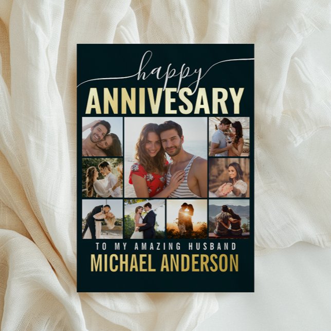 Wedding Anniversary Husband | Wife Collage Photo Foil Greeting Card (Celebrate your story with a foil photo card full of your favorite moments and heartfelt memories.)