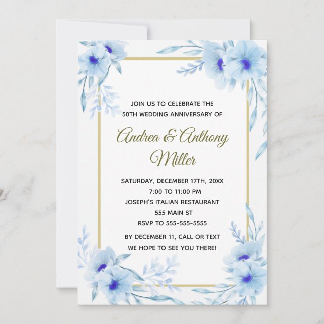 Wedding Anniversary Invitation Floral Blue Gold (Front)