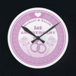 Wedding anniversary Lace look change the year Round Clock<br><div class="desc">A romantic design for a husband and wife on their wedding anniversary. This design has a lace look border and can be customised with a husband and wife's name in the year of the anniversary which ch they're celebrating.</div>