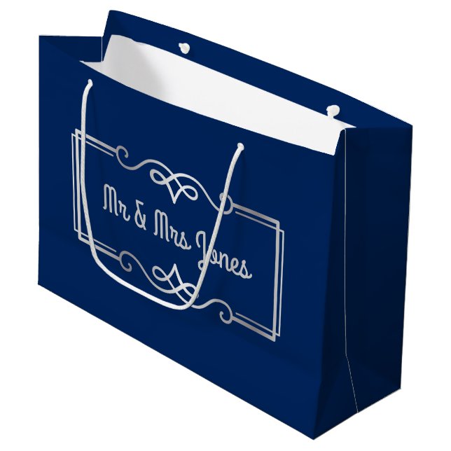 Wedding Anniversary Monogram Silver Navy Blue Large Gift Bag (Front Angled)