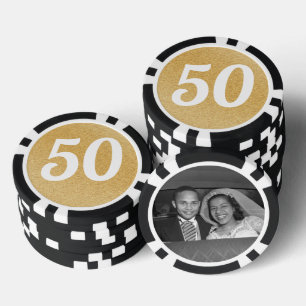 Wedding Anniversary Party Favor Black & Gold Photo Poker Chips
