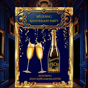 Wedding Anniversary Party Gold Blue Champagne Invitation