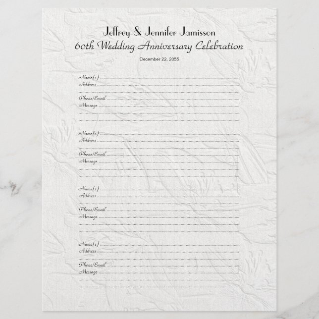 Wedding Anniversary Party Guest Book Sign-In Page (Front)