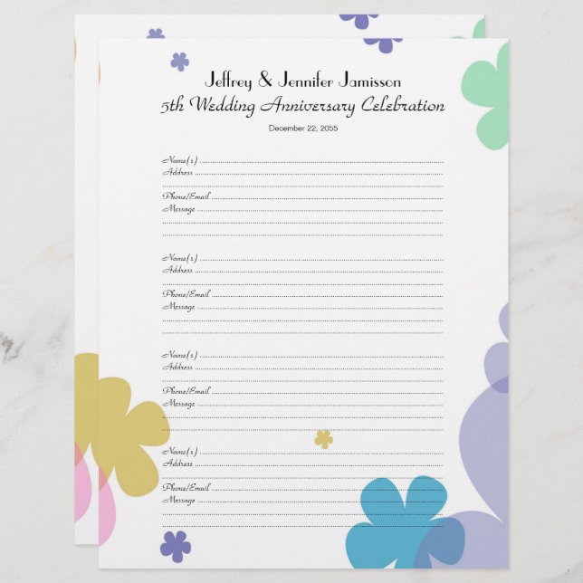 Wedding Anniversary Party Guest Book Sign-In Page (Front/Back)