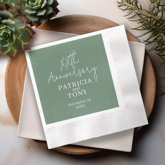 Wedding Anniversary Personalised Sage Green Modern Napkin (Modern Anniversary Napkins - Personalize with the year and names - sage green)