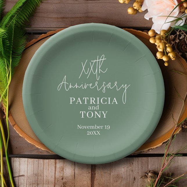 Wedding Anniversary Personalised Sage Green Modern Paper Plate (Personalized Wedding Anniversary Party Plates)