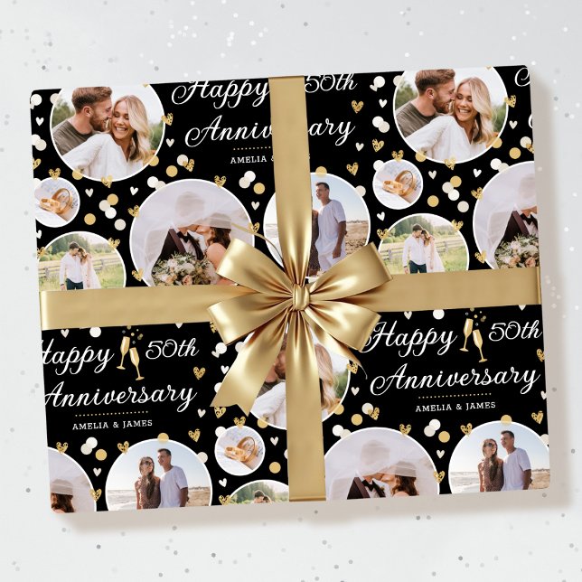 Wedding Anniversary Photo Collage Elegant Ecru Wrapping Paper (Creator Uploaded)