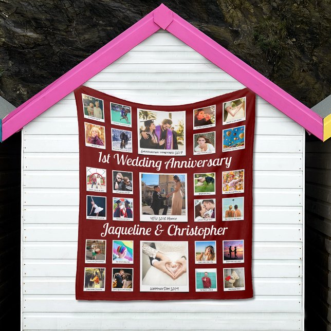 Wedding Anniversary Photo Collage Fleece Blanket (Wedding Anniversary custom fleece blanket in red with photo collage.)