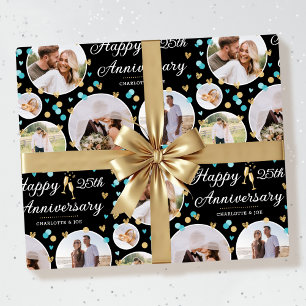 Wedding Anniversary Photo Collage Teal Black Gold Wrapping Paper