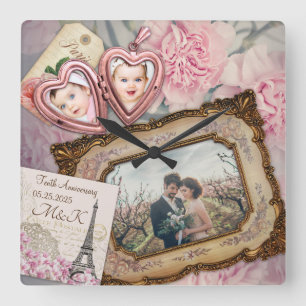Wedding Anniversary Pink Heart Locket Your Photos Square Wall Clock