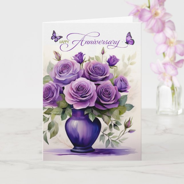 Wedding Anniversary Purple Roses and Butterflies Card (Orchid)