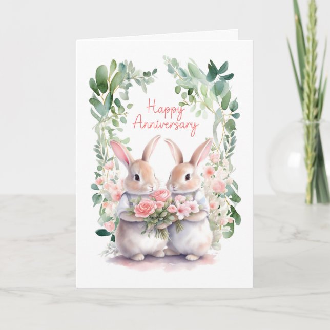 Wedding Anniversary Rabbits with Watercolor Flower Card (Front)