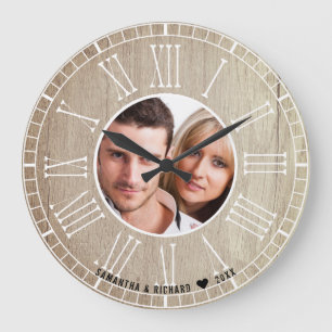 Wedding Anniversary Roman Numerals Photo Wood Large Clock