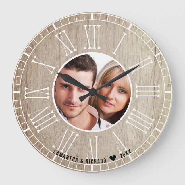 Wedding Anniversary Roman Numerals Photo Wood Large Clock (Front)