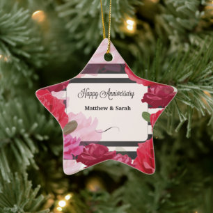 Wedding Anniversary Roses, Stripes, Custom Names Ceramic Ornament