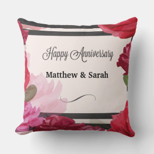 Wedding Anniversary Roses, Stripes, Custom Names Cushion
