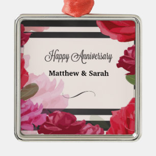 Wedding Anniversary Roses, Stripes, Custom Names Metal Ornament