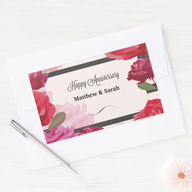 Wedding Anniversary Roses, Stripes, Custom Names Rectangular Sticker (Envelope)