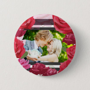 Wedding Anniversary Roses, Stripes, Custom Photo 6 Cm Round Badge