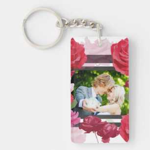 Wedding Anniversary Roses, Stripes, Custom Photo Key Ring