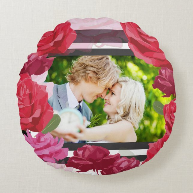 Wedding Anniversary Roses, Stripes, Custom Photo Round Cushion (Front)