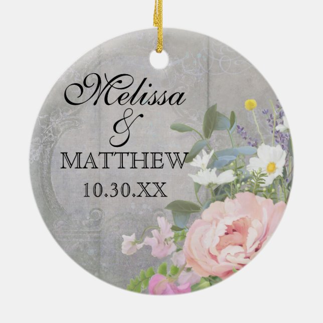 Wedding Anniversary Rustic Country Chic Floral Art Ceramic Ornament (Back)